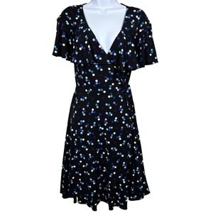 Adrianna Papell Wrap Dress Women's Size 8 Black Blue Polka Dot Ruffle Date Night